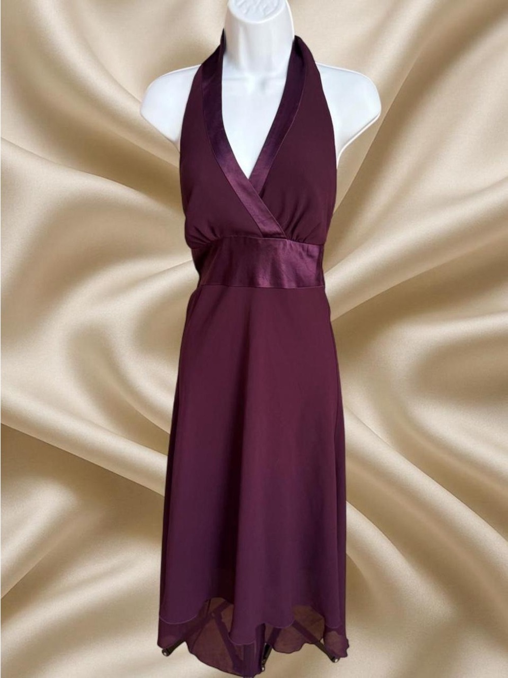Windsor Satin-Trim Halter High-Low Dress in Plum